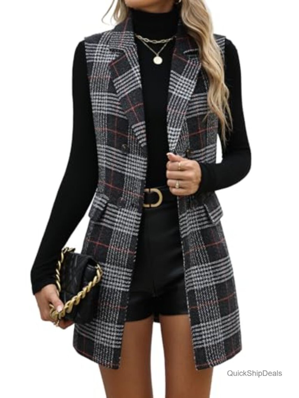 Long Plaid Tweed Vest Sleeveless Blazer Jacket Double Breasted Women's